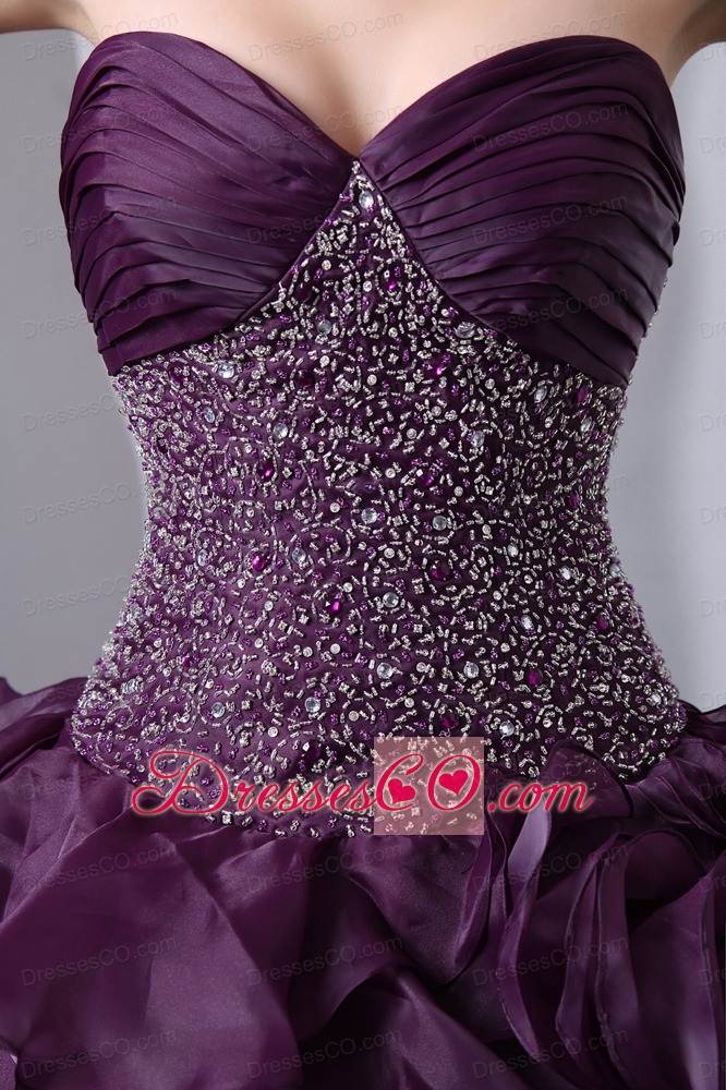 Purple A-Line / Princess Brush Train Organza Beading and Ruffles Quinceanea Dress