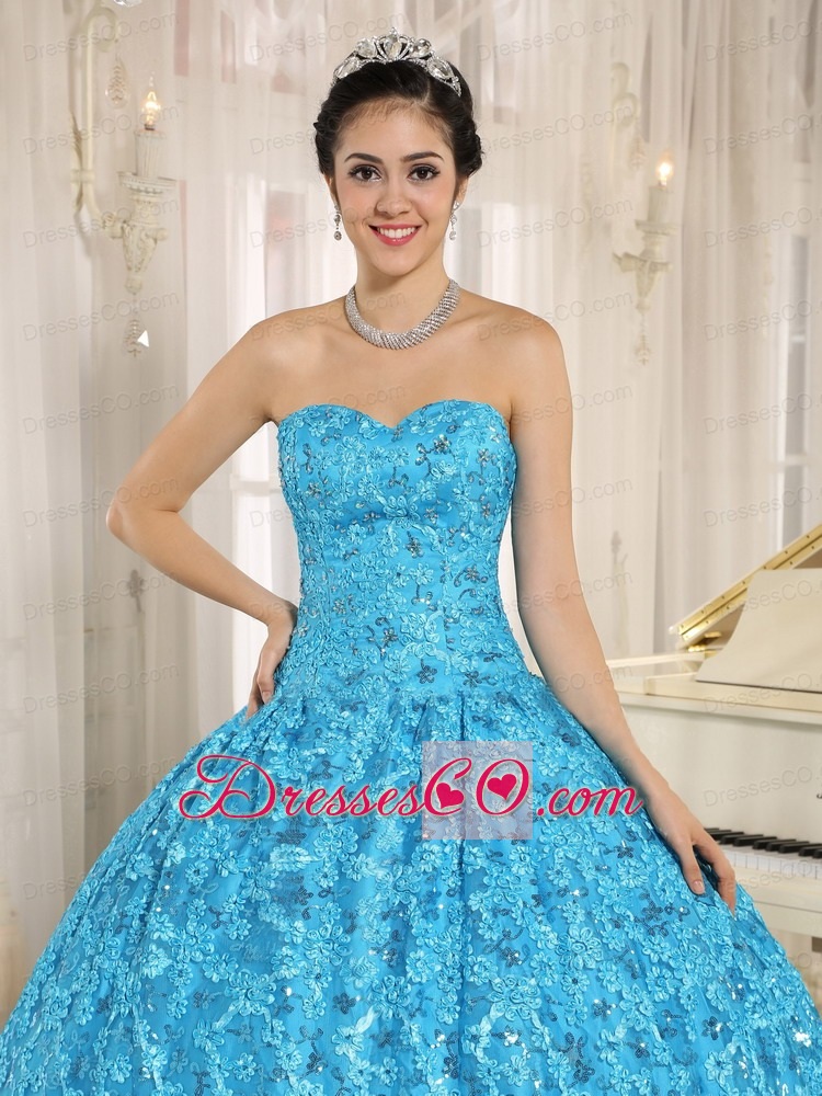 Embroidery and Sequins On Tulle Teal Quinceanera Dress