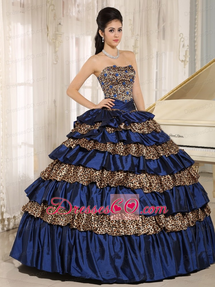 Navy Blue Leopard Ruffled Layers and Appliques With Beading Quinceanera Dress For Custom Made