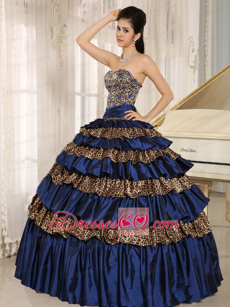 Navy Blue Leopard Ruffled Layers and Appliques With Beading Quinceanera Dress For Custom Made