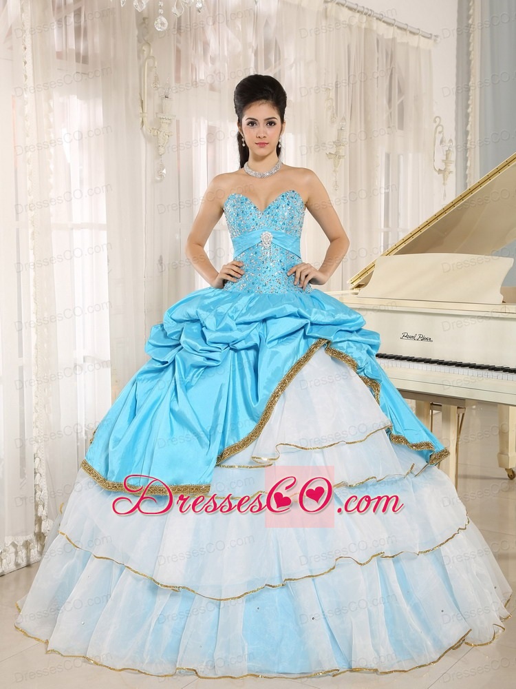 Beaded and Pick-ups For Aqua Blue and White Quinceanera Dress Ruffled Layers