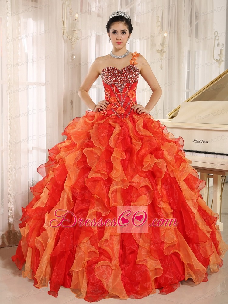 Custom Made Orange Red One Shoulder Beaded Decorate Ruffles Quinceanera Dress In Spring