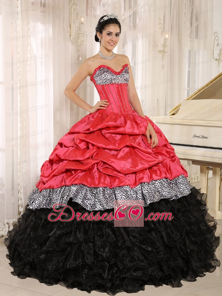 Watermelon And Black Ruffles Quinceanera Dress With Long