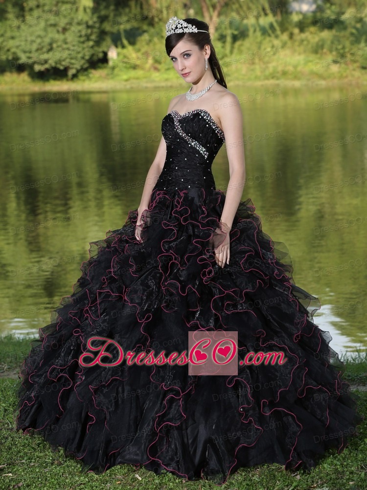 Beaded Decorate Bodice and Black Ball Gown For Quinceanera Dress Organza Ruffles Layered