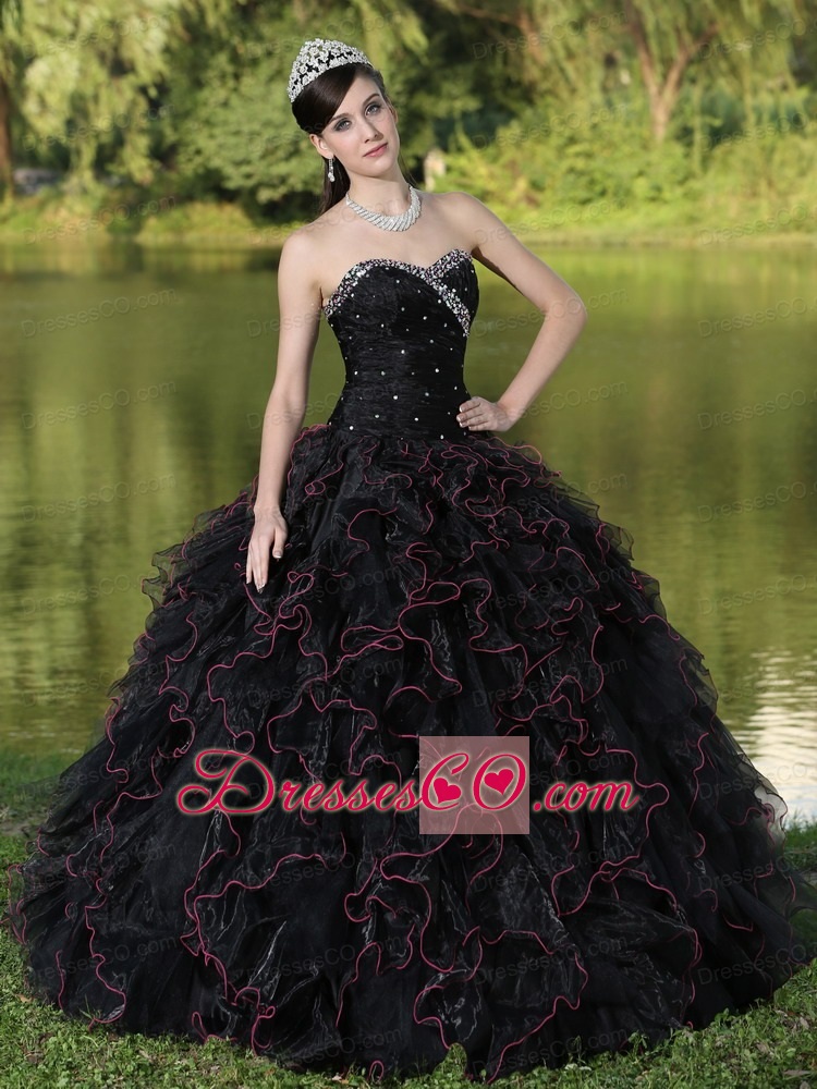 Beaded Decorate Bodice and Black Ball Gown For Quinceanera Dress Organza Ruffles Layered