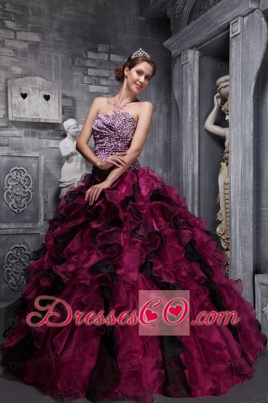 Burgundy Ball Gown Long Zebra And Organza Ruffles And Beading Quinceanera Dress