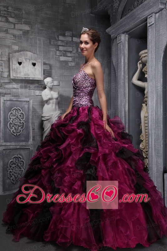 Burgundy Ball Gown Long Zebra And Organza Ruffles And Beading Quinceanera Dress