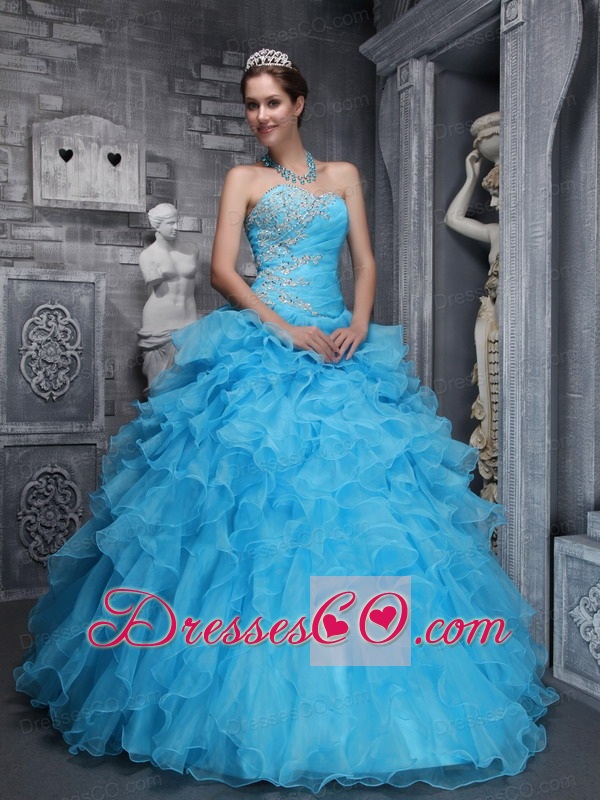 Beautiful Ball Gown Long Taffeta And Organza Beading And Appliques Aqua Blue Quinceanera Dress