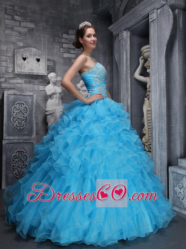 Beautiful Ball Gown Long Taffeta And Organza Beading And Appliques Aqua Blue Quinceanera Dress