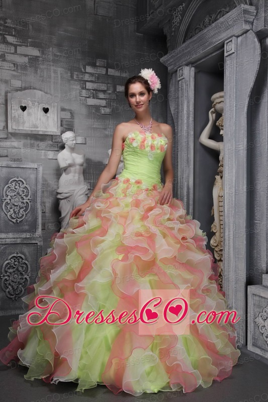 Lovely Ball Gown Strapless Long Taffeta And Organza Hand Flowers Multi-color Quinceanera Dress
