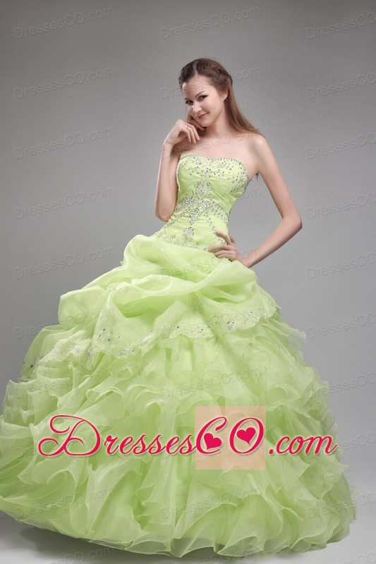 Spring Green Ball Gown Strapless Long Organza Beading And Ruffles Quinceanera Dress