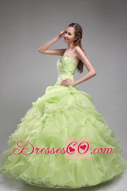 Spring Green Ball Gown Strapless Long Organza Beading And Ruffles Quinceanera Dress