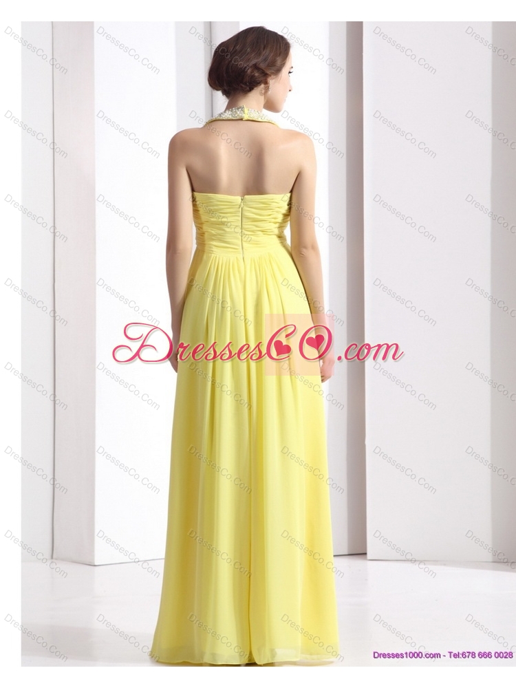 Cheap Halter Top Yellow Prom Dress with Floor Length