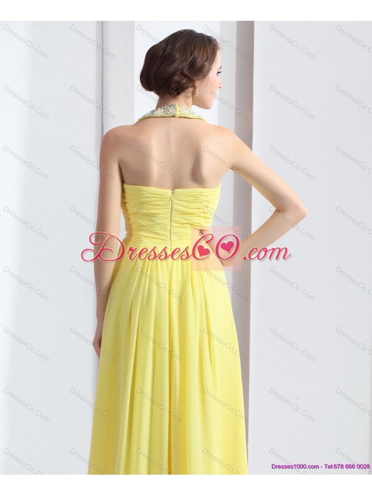Cheap Halter Top Yellow Prom Dress with Floor Length