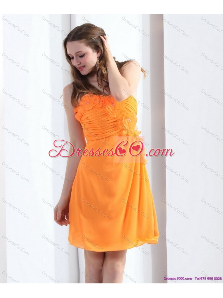 Gorgeous Strapless Orange Prom Dress with Hand Made Flowers and Ruching