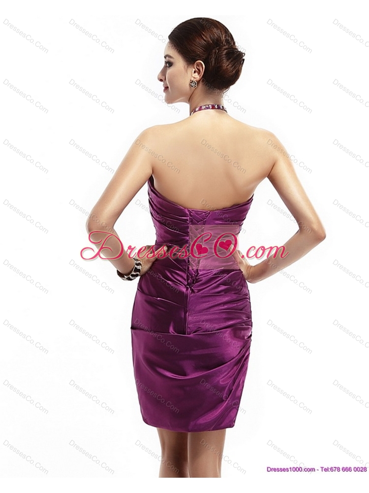 Halter Top Short Dama Dress with Ruching and Beading