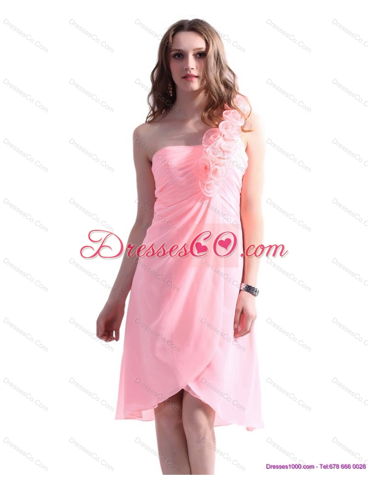 Baby Pink One Shoulder Prom Dress with Ruching and Hand Made Flowers