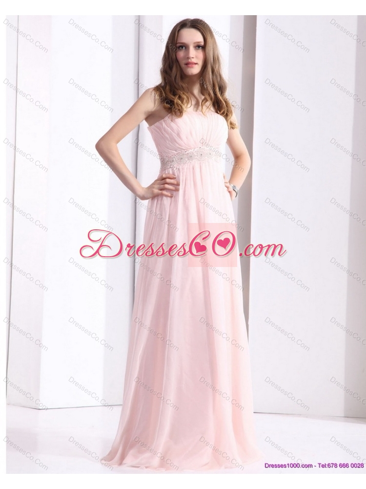Baby Pink Strapless Prom Dress with Ruching and Beading
