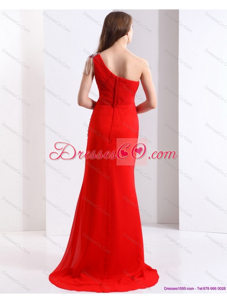 Elegant  One Shoulder Red Prom Dress with Beadings and Brush Train