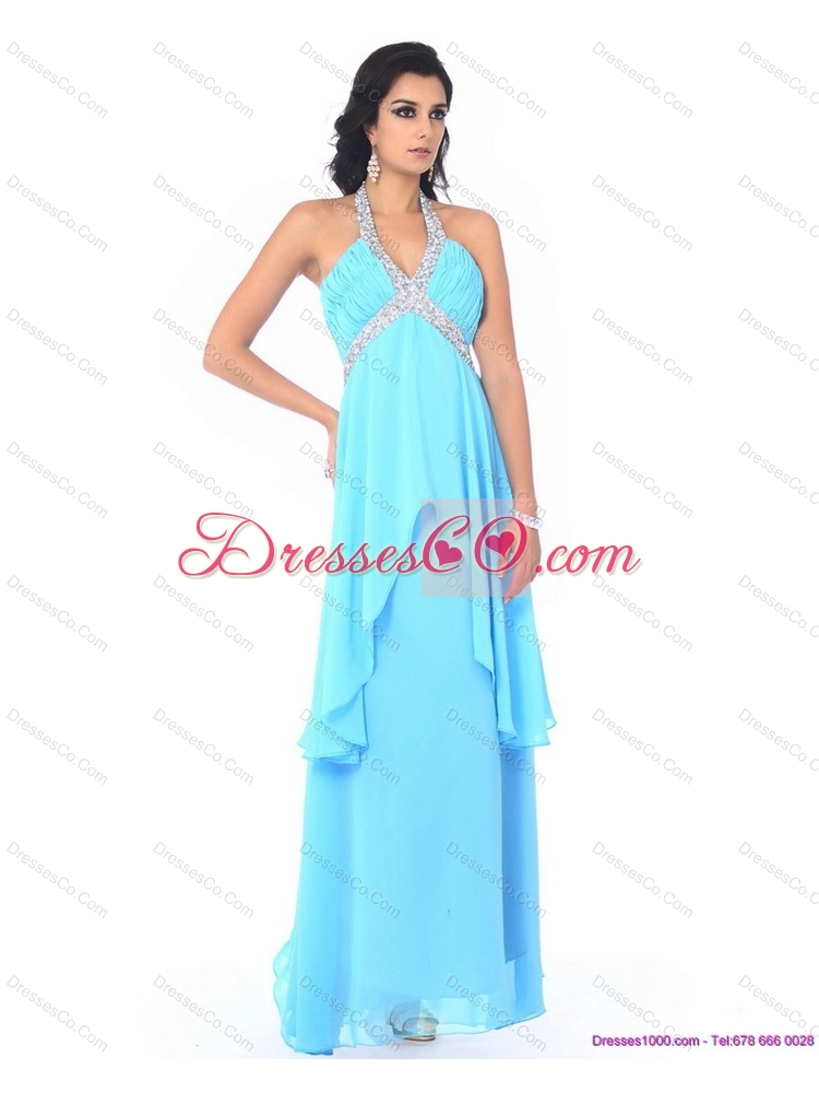 Perfect Halter Top Long Dama Dress with Beading and Ruffles