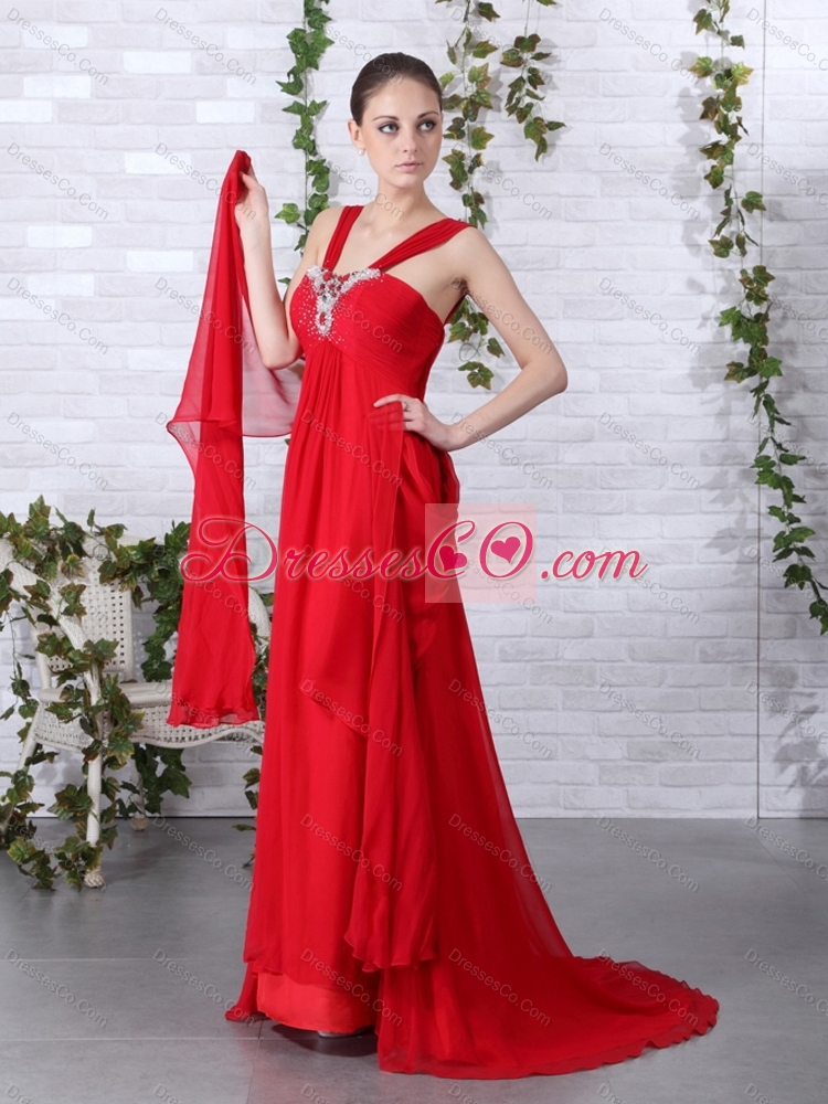 Beautiful Empire Red Sexy Prom Dress with Brush Train and Beading