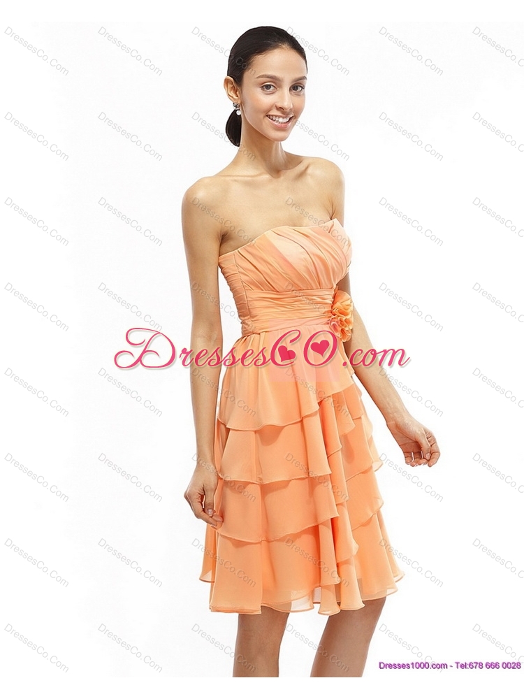 Strapless Short Prom Dress with Ruching and Hand Made Flower