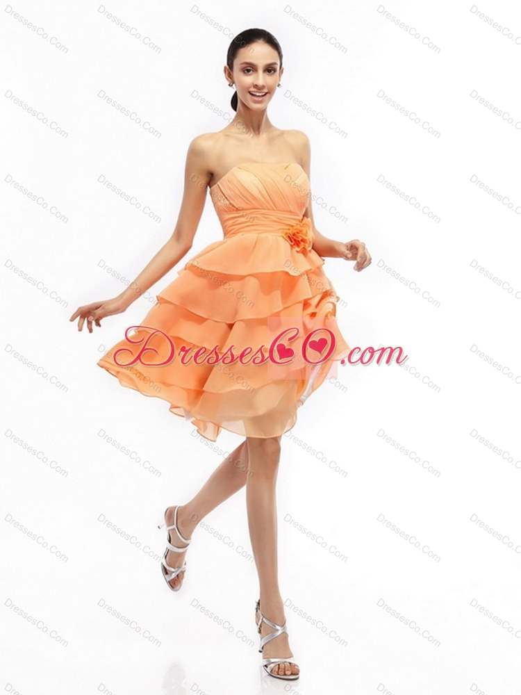 Strapless Short Prom Dress with Ruching and Hand Made Flower