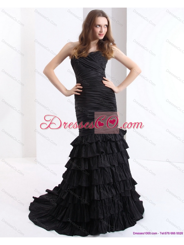 Brush Train Pleated Black Sexy Prom Dress with One Shoulder and Ruffled Layers