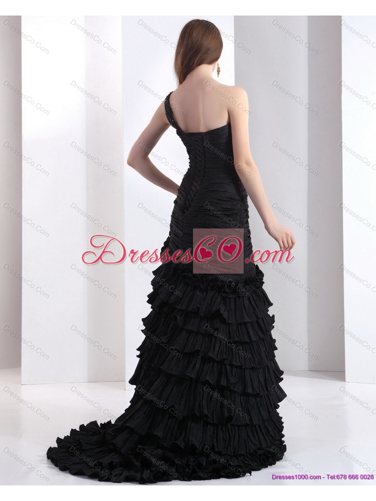 Brush Train Pleated Black Sexy Prom Dress with One Shoulder and Ruffled Layers