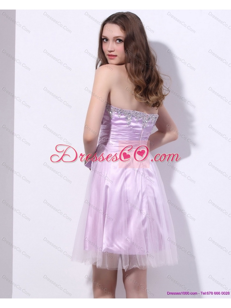 Lilac Strapless Mini Length  Sexy Prom Dress with Ruffles and Beading