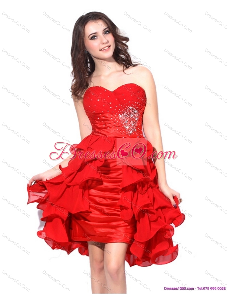Red Ruching Sexy Prom Dress with Beading and Ruffles