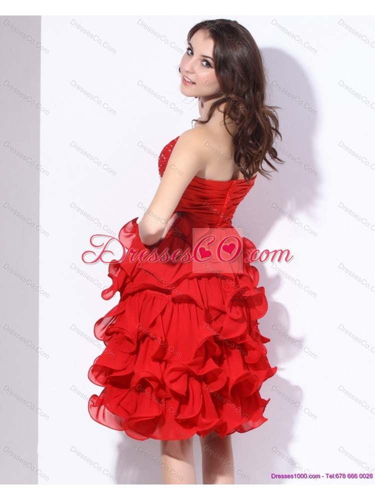 Red Ruching Sexy Prom Dress with Beading and Ruffles