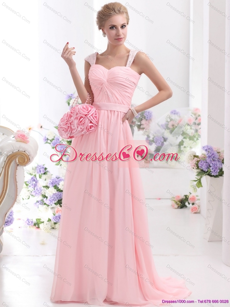 Remarkable  Baby Pink Prom Dress with Brush Train and Ruching