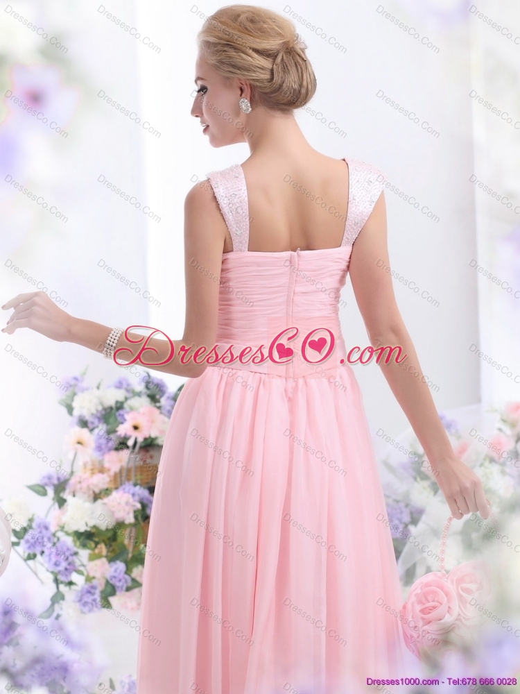 Remarkable  Baby Pink Prom Dress with Brush Train and Ruching