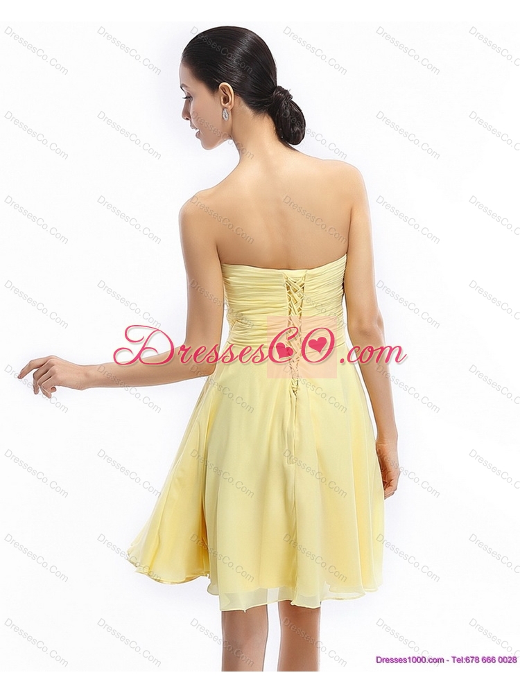 Strapless Mini Length Prom Dress with Ruching and Rhinestones