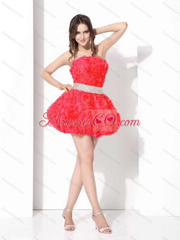 Strapless Short Prom Dress with Rolling Flowers and Beading