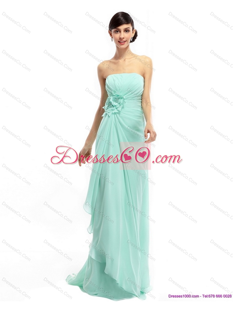 Sweep Train Apple Green Prom Dress with Ruching and Hand Made Flower