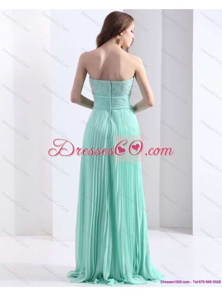 Brush Train Apple Green Prom Dress with Beading and Pleats