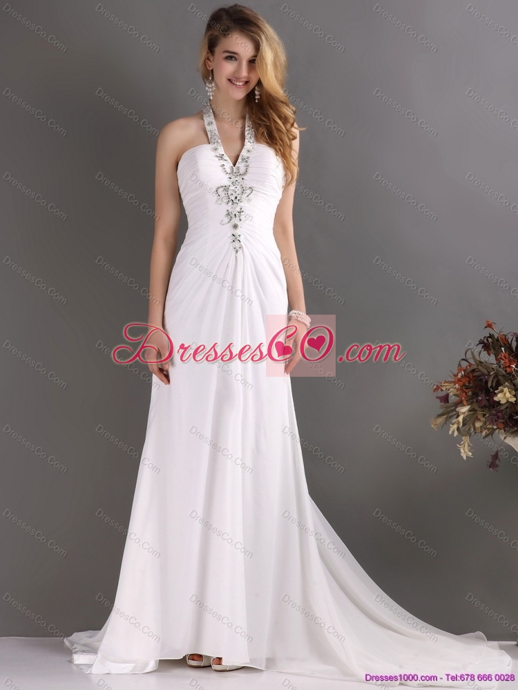 Beautiful  Halter Top White Prom Dress with Ruching and Beading