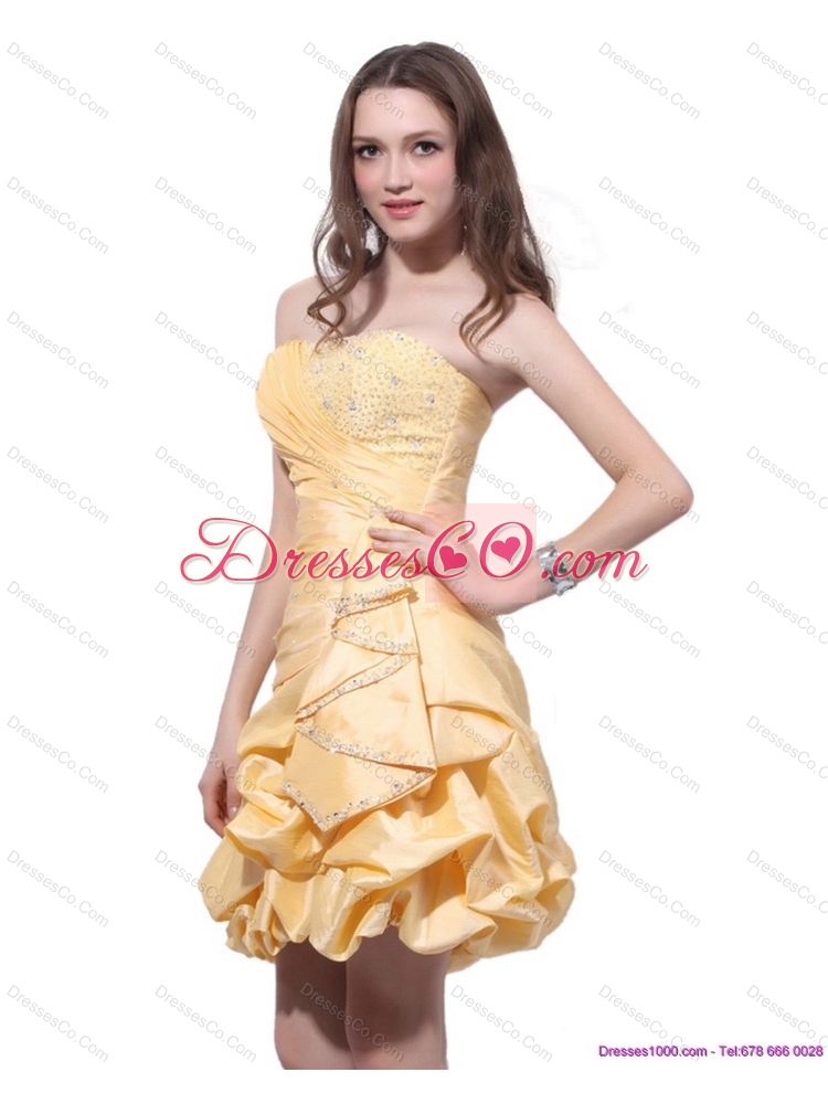 Gold Mini Length Prom Dress with Beading and Pick Ups