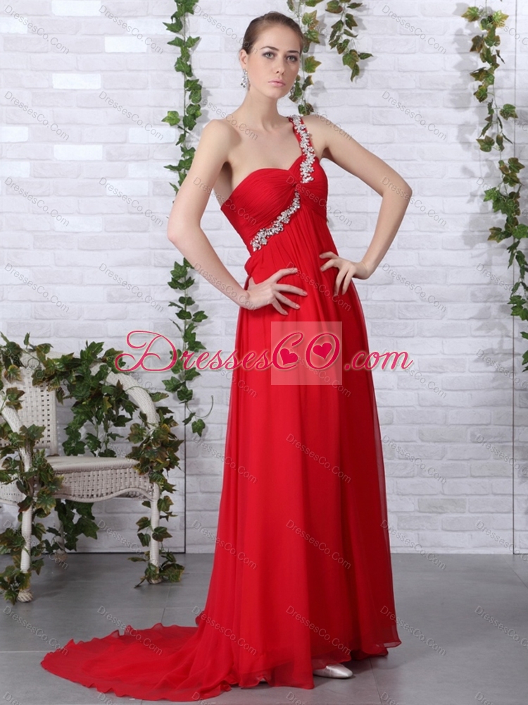 Popular  One Shoulder Red Prom Dress with Beadings and Brush Train