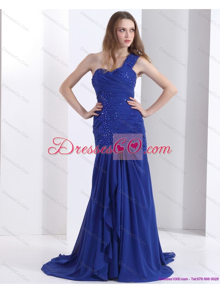 Pretty  One Shoulder Prom Dress with Ruching and Beading