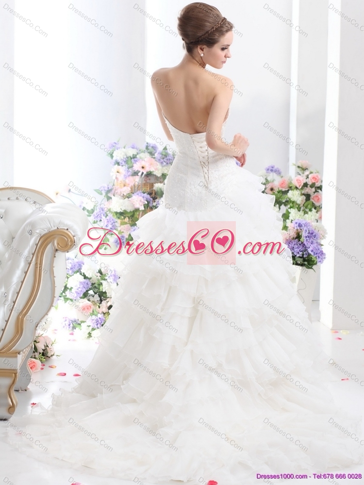 White Brush Train Wedding Dress with Ruffled Layers and Sequins