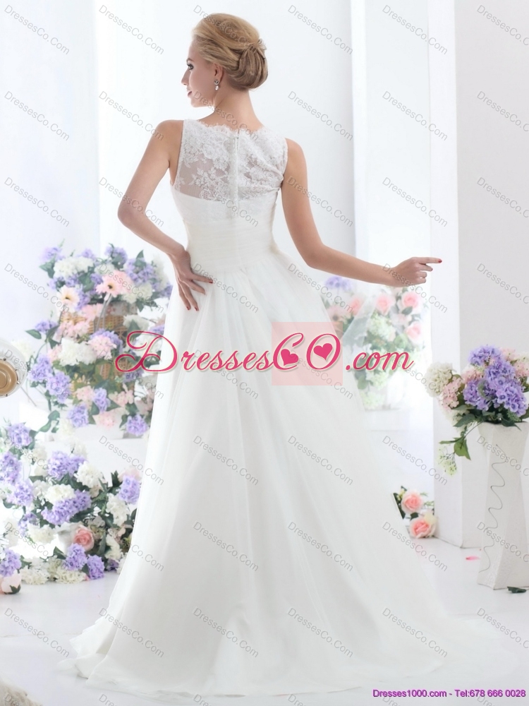White High Neck Laced Wedding Dress with Brush Train