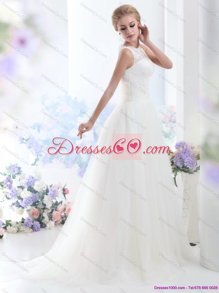 White High Neck Laced Wedding Dress with Brush Train