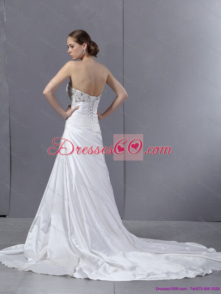 White Pleated Sequined Wedding Dress with Court Train