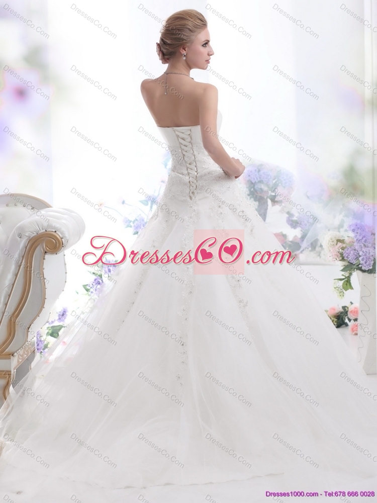 White Strapless Wedding Dress with Sequins and Brush Train
