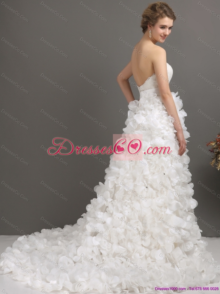 White Sweep Train Ruffled Wedding Dress with Beading