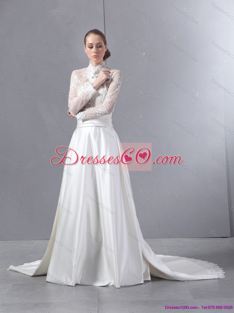Ruched Strapless White Wedding Dress with Brush Train