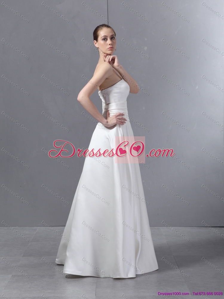 Ruched Strapless White Wedding Dress with Brush Train